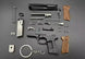 1:3 Beretta 92FS Handgun - Desert Tan miniature model disassembled with all die cast metal parts and tan grips displayed.