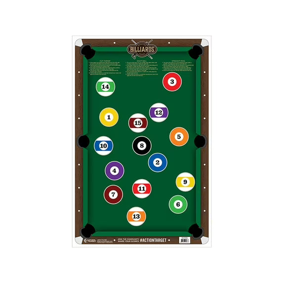Pool table with numbered billiard balls on a green felt surface