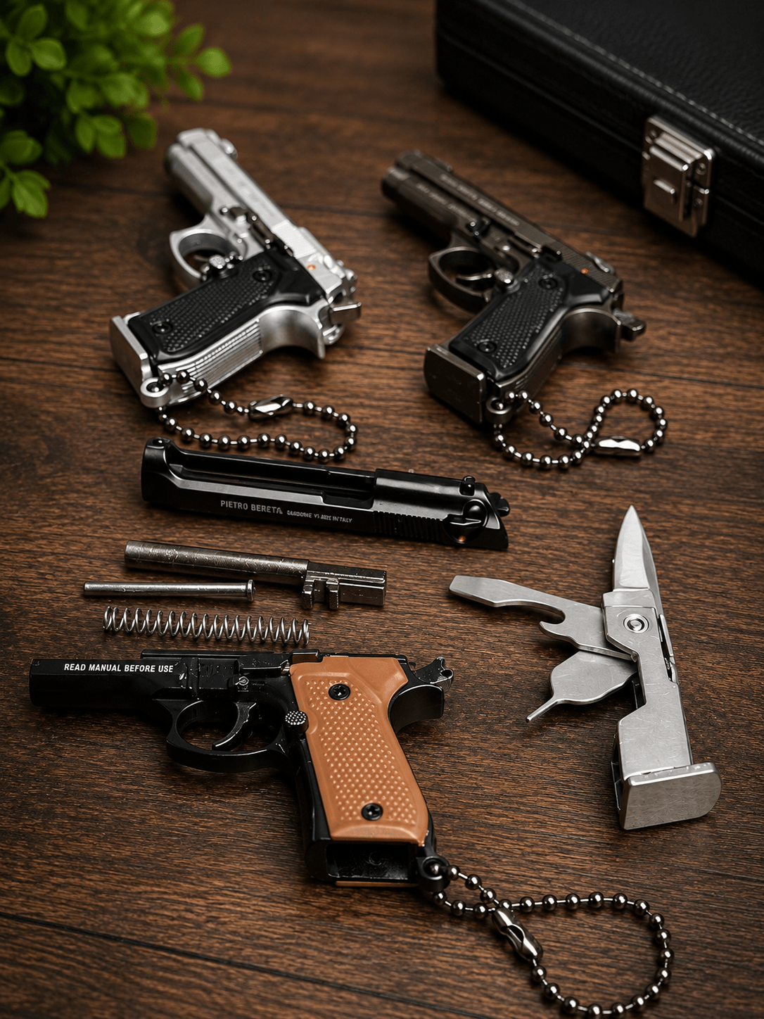 Collection of miniature gun models and tools on a wooden surface
