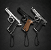 Three small guns with chains on a dark background