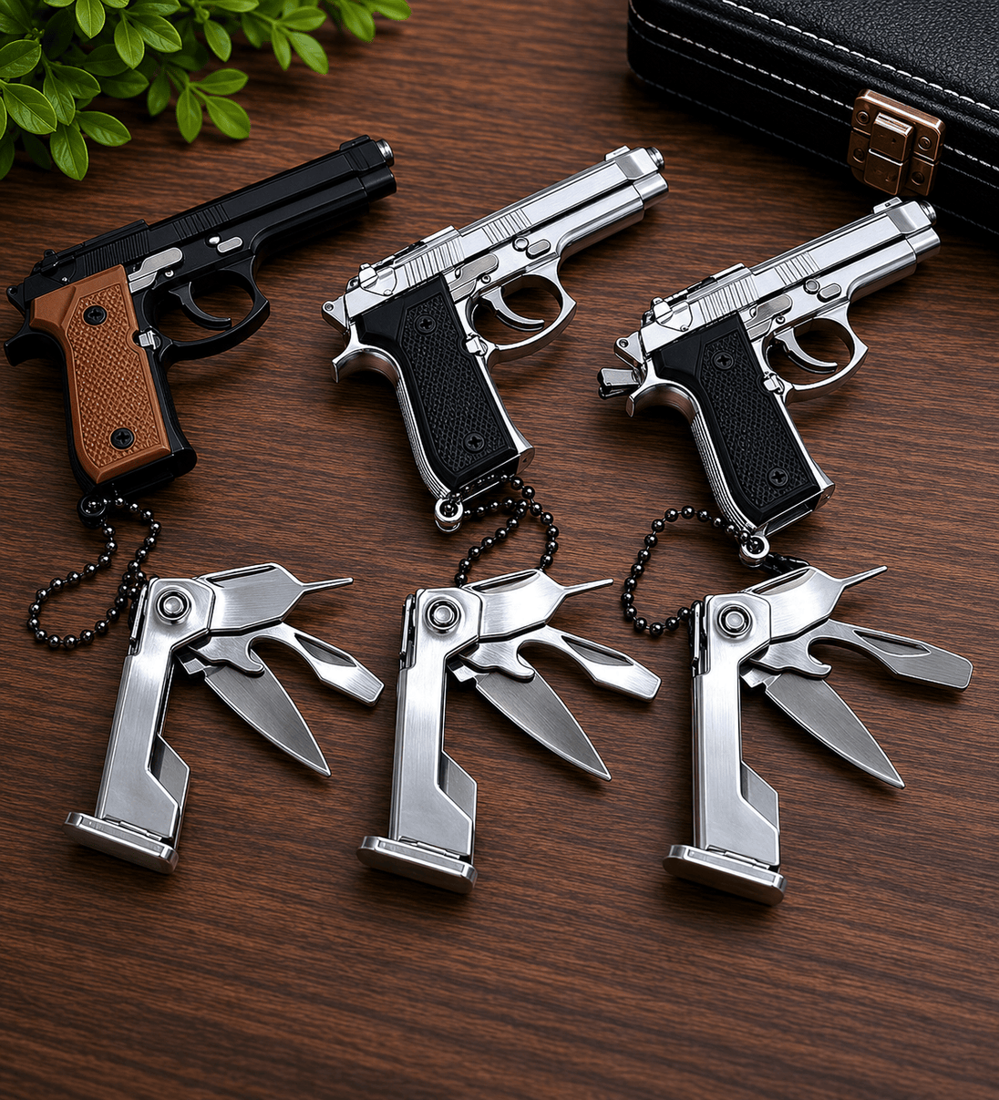 Keychain guns and multi-tools on a wooden surface with a plant in the corner.
