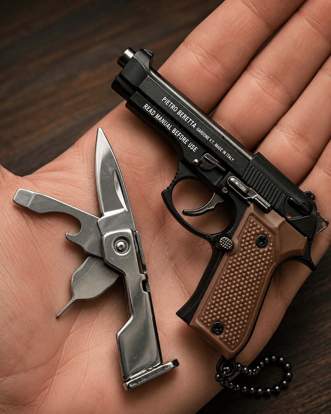 Pistool and multi-tool on a hand with wooden background