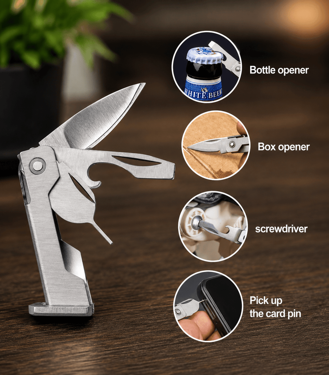 Multitool with bottle opener, box opener, screwdriver, and card pin on a wooden surface.
