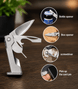 Multitool with bottle opener, box opener, screwdriver, and card pin on a wooden surface.
