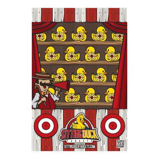 A decorative poster or print featuring a carnival-style scene with repeated yellow rubber ducks arranged on wooden shelves under red curtains, a cartoon duck hunter holding a megaphone, two target graphics, and the Sitting Duck Targets logo at the bottom.