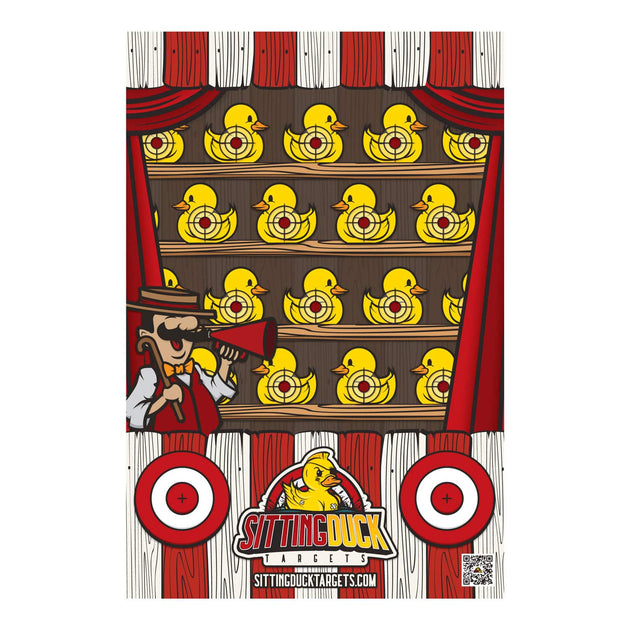 A decorative poster or print featuring a carnival-style scene with repeated yellow rubber ducks arranged on wooden shelves under red curtains, a cartoon duck hunter holding a megaphone, two target graphics, and the Sitting Duck Targets logo at the bottom.