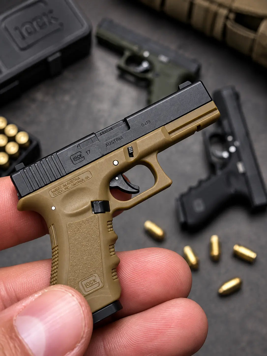 A hand holds a compact Glock Keychain in tan and black, with other Keychains, and a case blurred in the background.