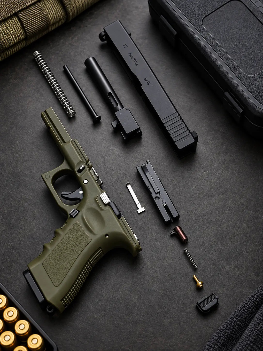 An olive green Die-Cast keychain shown disassembled with its components arranged neatly on a dark textured surface, alongside a black case.