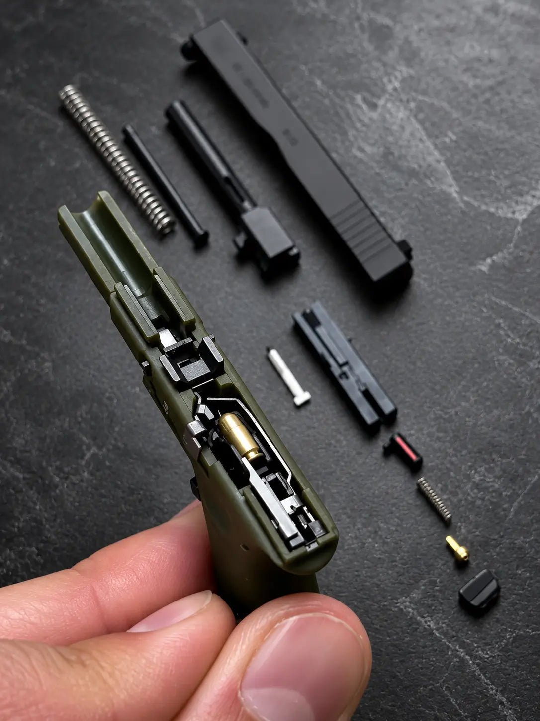 A close-up of a hand holding an olive green Die-Cast Keychain frame with its internal components exposed, surrounded by disassembled parts on a dark textured surface.