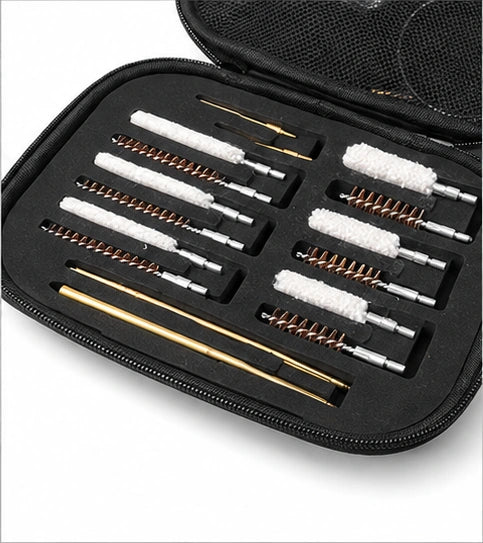 A 12-piece firearm cleaning kit with brass rods, white foam brushes, and copper wire brushes organized in a black zippered carrying case.