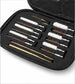 A 12-piece firearm cleaning kit with brass rods, white foam brushes, and copper wire brushes organized in a black zippered carrying case.