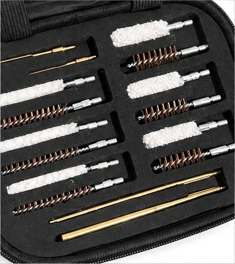 A 12-piece gun cleaning kit with brass rods, copper wire brushes, and white cleaning cloths, neatly arranged in a black zippered case.