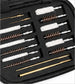 A 12-piece gun cleaning kit with brass rods, copper wire brushes, and white cleaning cloths, neatly arranged in a black zippered case.