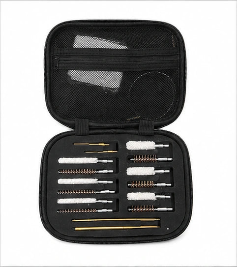 An open black zippered carrying case displaying a cleaning tool kit with various metal and bristle brushes, pins, and rods organized in a foam insert, set against a plain white background.