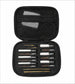 An open black zippered carrying case displaying a cleaning tool kit with various metal and bristle brushes, pins, and rods organized in a foam insert, set against a plain white background.