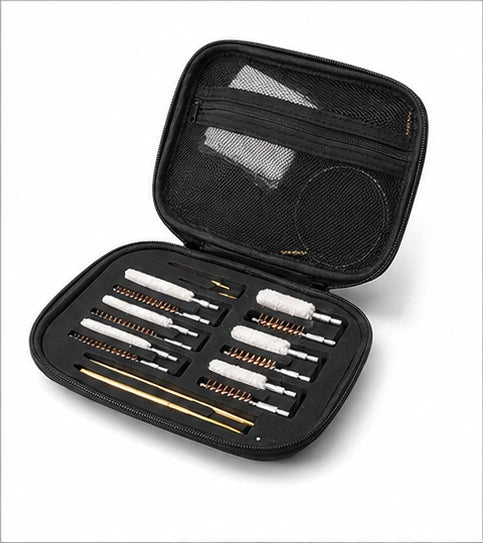 An open black zippered carrying case containing multiple cleaning and inspection tools, including white and gold-handled brushes and metal pins, photographed on a light gray background.