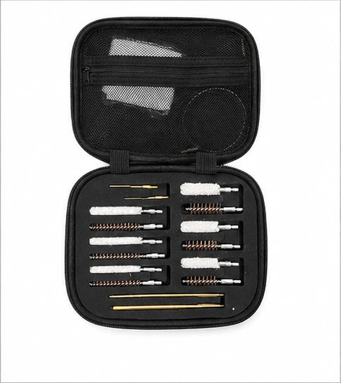An open black zippered carrying case containing multiple cleaning and maintenance tools, including brushes, rods, and white cloth pieces, shown on a plain white background.