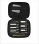 An open black zippered carrying case containing multiple cleaning and maintenance tools, including brushes, rods, and white cloth pieces, shown on a plain white background.