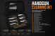 Handgun Cleaning Kit shown in an open black zip case with multiple cleaning tools arranged inside, plus large text listing the included items and features on a dark background.