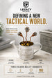 A promotional product graphic for Legacy Tactical 'Three Bloom Bullet Bouquets' showing a decorative metal watering can with bullet-shaped flowers growing out of it, set on a rustic tabletop with a crate and blurred decor in the background. Text highlights 40s&W, 45ACP, 9mm, handcrafted design, and made in USA.