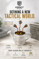 A promotional product graphic for Legacy Tactical 'Three Bloom Bullet Bouquets' showing a decorative metal watering can with bullet-shaped flowers growing out of it, set on a rustic tabletop with a crate and blurred decor in the background. Text highlights 40s&W, 45ACP, 9mm, handcrafted design, and made in USA.