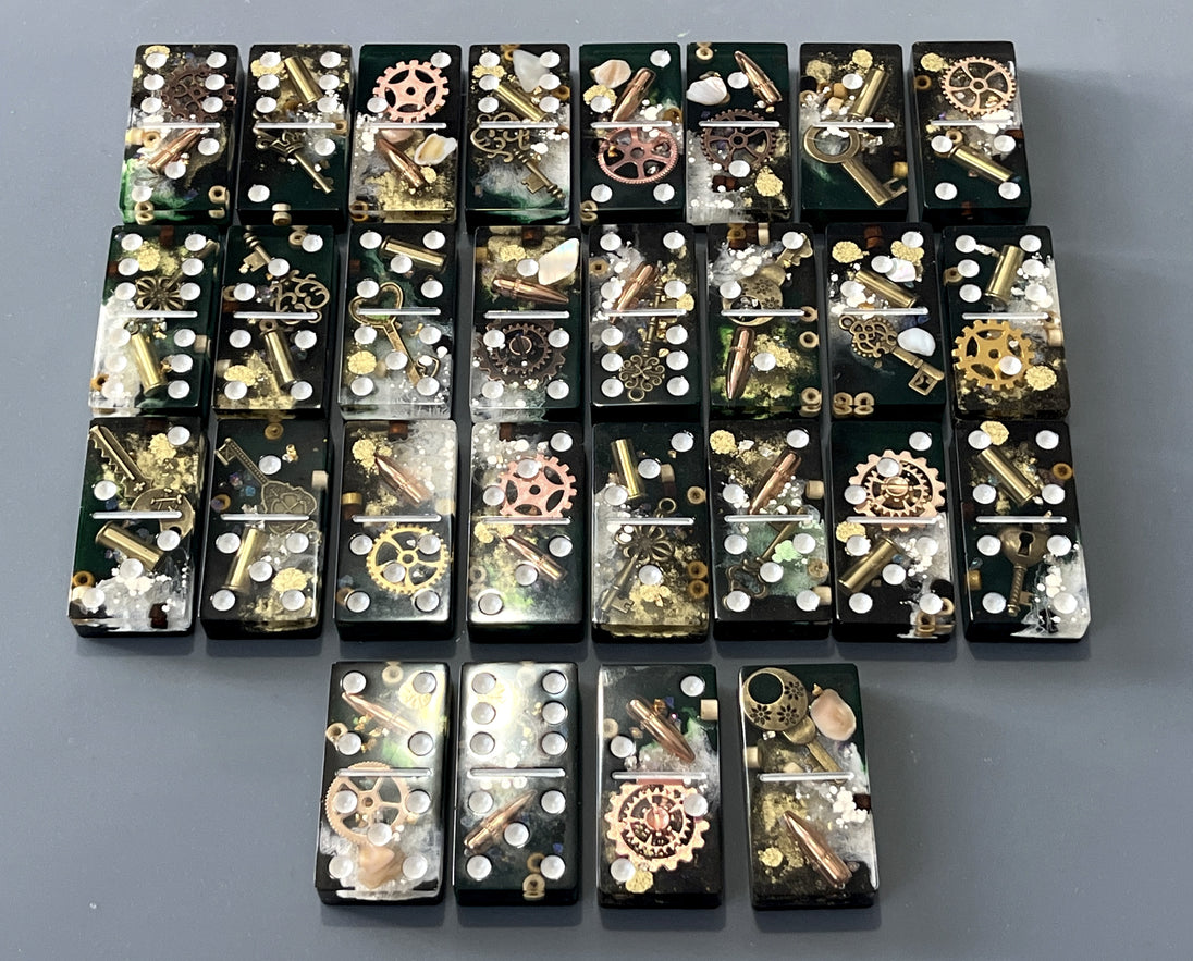 Bullets and Casings Dominos Double 6 Set with 28 handmade pieces featuring bullet casings and gears design.