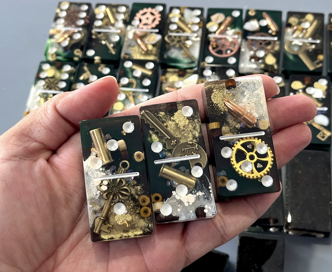 Bullets and Casings Dominos Double 6 Set handmade domino pieces with bullets, casings, and gears unique collectible game