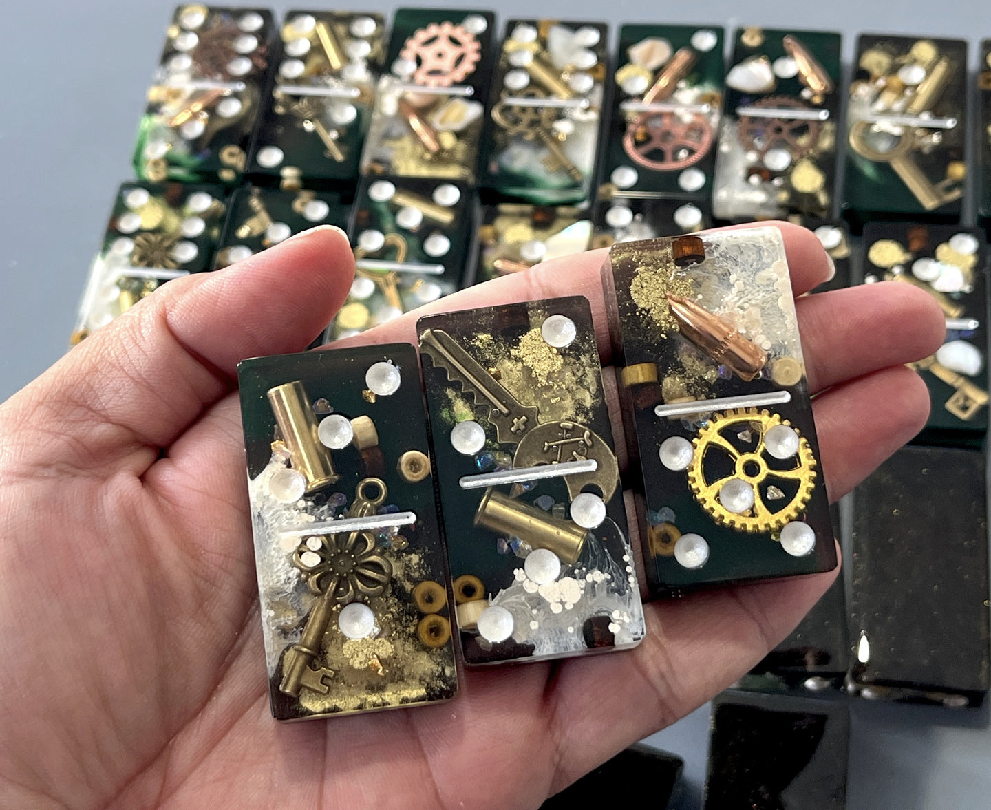 Bullets and Casings Dominos Double 6 Set handmade domino pieces with bullets, casings, and gears unique collectible game