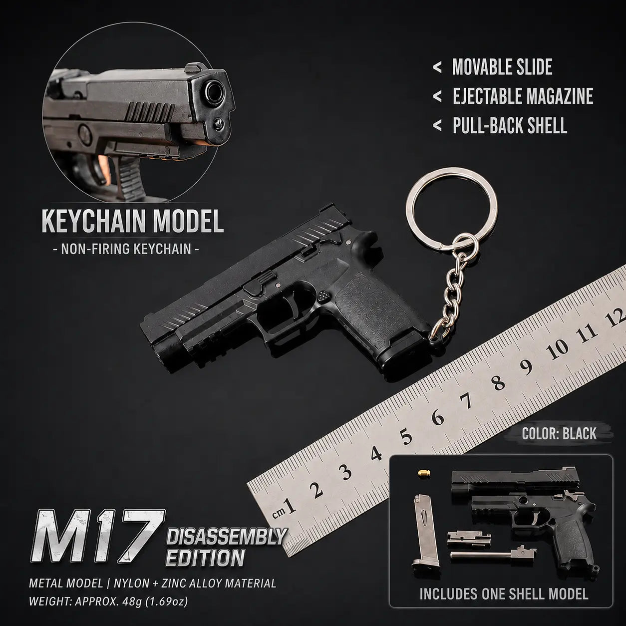 Black metal keychain model of a handgun, shown with a ruler for scale, product features text, and an inset showing included parts.