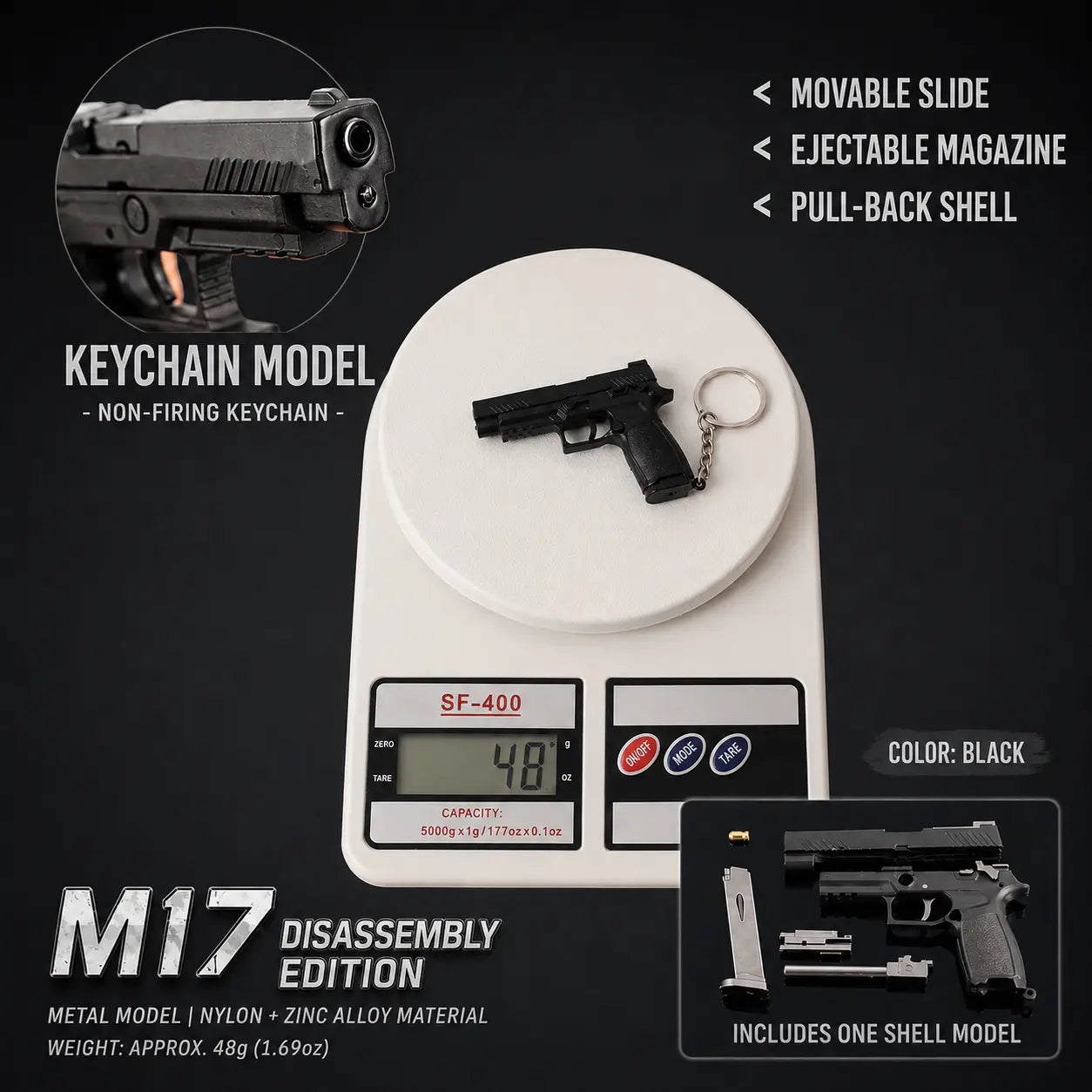 A black metal model keychain handgun scale shown on a white digital scale with text callouts, including 'KEYCHAIN MODEL', 'MOVABLE SLIDE', 'EJECTABLE MAGAZINE', 'PULL-BACK SHELL', 'COLOR: BLACK', and 'M17 DISASSEMBLY EDITION'.