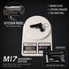 A black metal model keychain handgun scale shown on a white digital scale with text callouts, including 'KEYCHAIN MODEL', 'MOVABLE SLIDE', 'EJECTABLE MAGAZINE', 'PULL-BACK SHELL', 'COLOR: BLACK', and 'M17 DISASSEMBLY EDITION'.