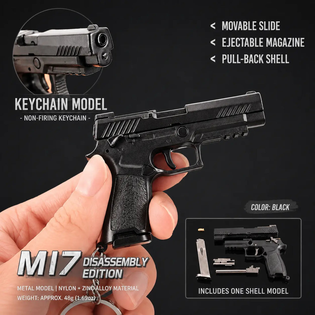 A black toy keychain model pistol held in a hand against a dark background, with feature callouts including 'movable slide,' 'ejectable magazine,' and 'pull-back shell,' plus an inset showing disassembled parts and a shell model.