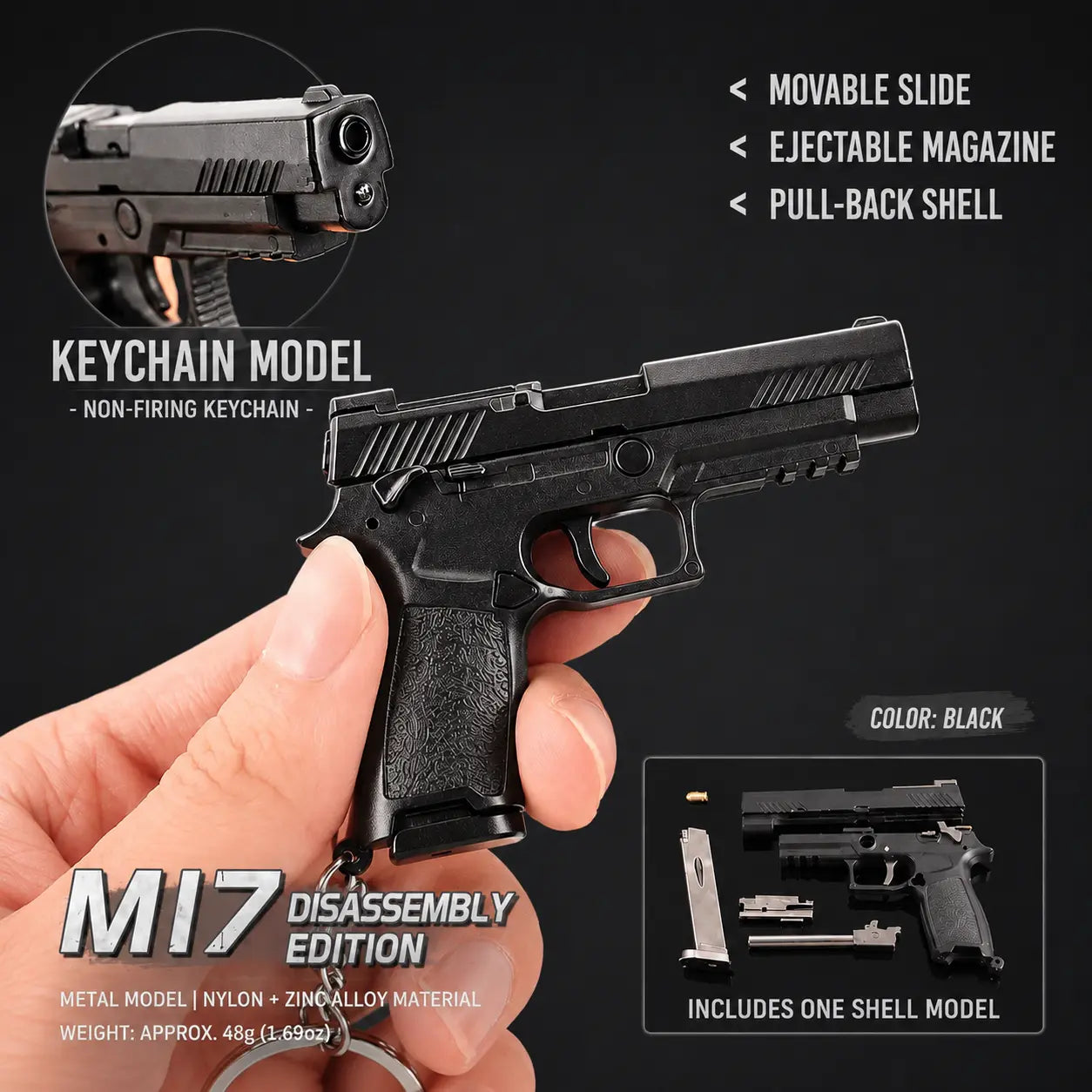 A black toy keychain model pistol held in a hand against a dark background, with feature callouts including 'movable slide,' 'ejectable magazine,' and 'pull-back shell,' plus an inset showing disassembled parts and a shell model.