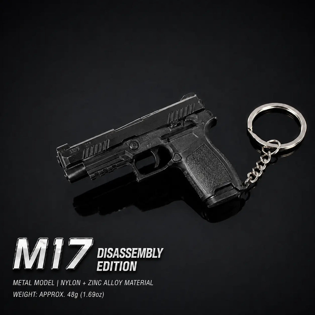 A black disassembled toy gun keychain on a black background, with text reading 'M17 DISASSEMBLY EDITION' and material details below.
