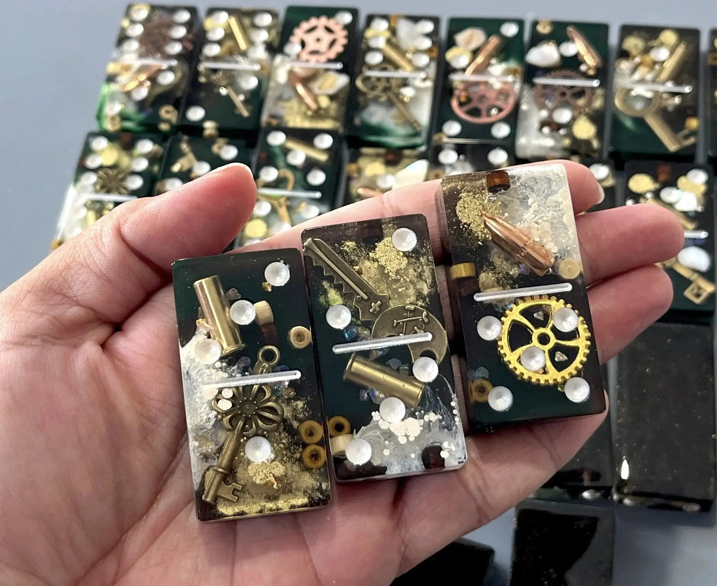 Bullets and Casings Dominos Double 6 Set handmade domino pieces with bullets, casings, and gears unique collectible game