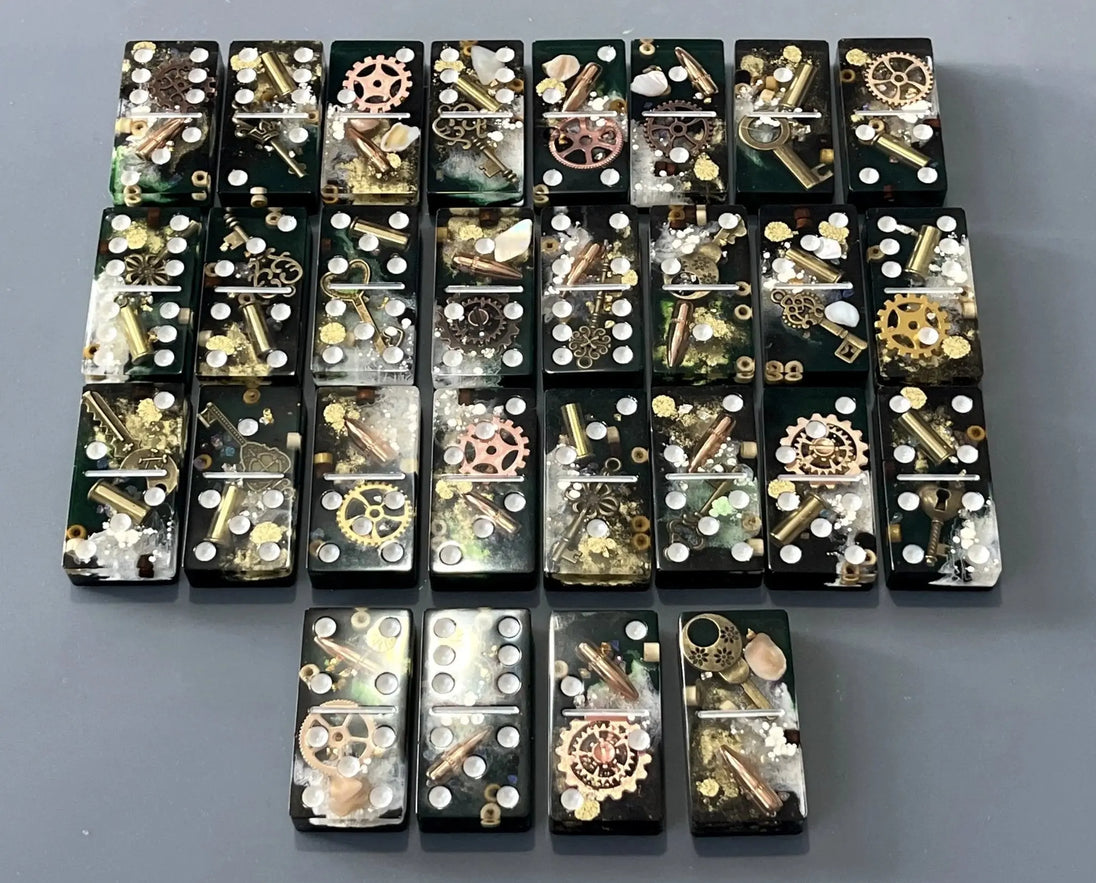 Bullets and Casings Dominos Double 6 Set with 28 handmade pieces featuring bullet casings and gears design.
