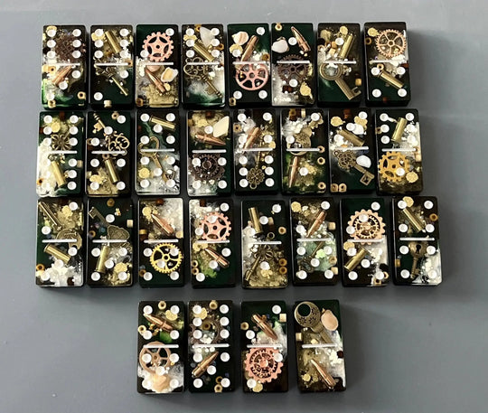 Bullets and Casings Dominos Double 6 Set with unique handmade pieces featuring bullets and gears on black tiles.