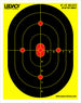 Legacy Tactical 18" x 24" bullseye splatter target with a bright yellow background, black concentric target shape, and red impact zones.