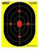 Legacy Tactical 18" x 24" bullseye splatter target with a bright yellow background, black concentric target shape, and red impact zones.