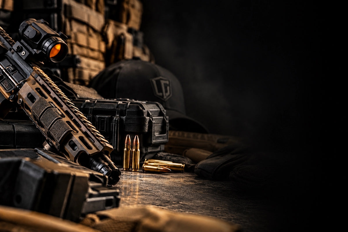 An image with mounted optic and red dot sight rests on a dark table alongside a black hard case, brass bullets, gloves, and a black cap with a white logo in a dim, moody setting.